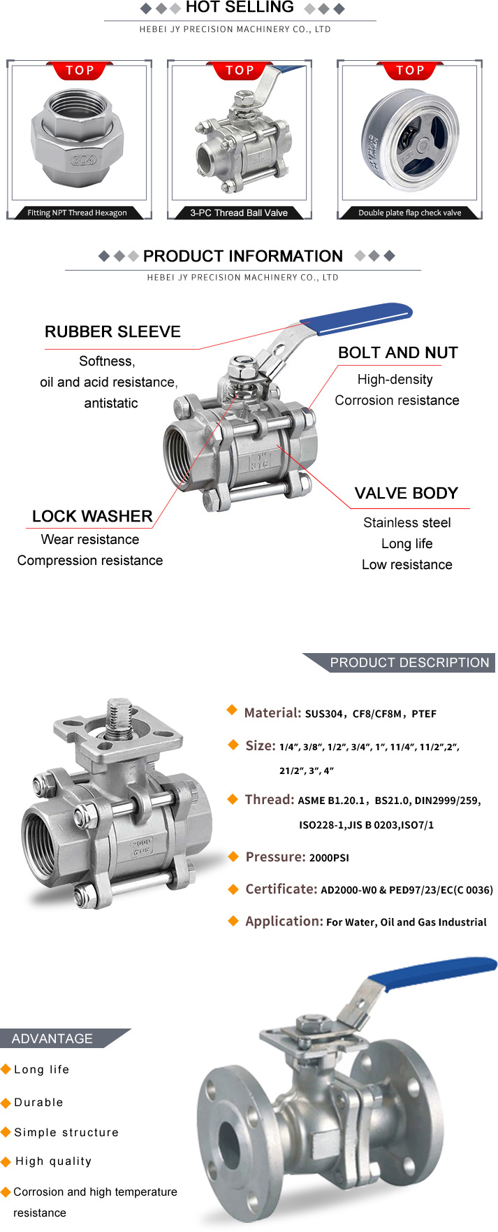 1/2'' CF8m 3PC Full Port Stainless Steel 316 Ball Valve with Femalethread Ends 1000wog